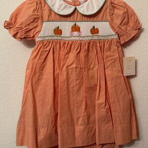 Petit Ami Orange Check Pumpkin Smocked Dress with Bloomers 12 Months